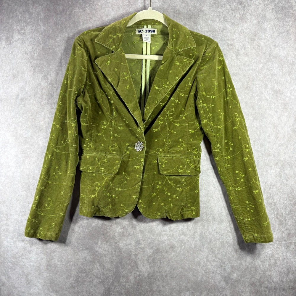 AC-3998 Blazer Jacket Womens M Green Corduroy Floral Embroidered Rhinestone Boho